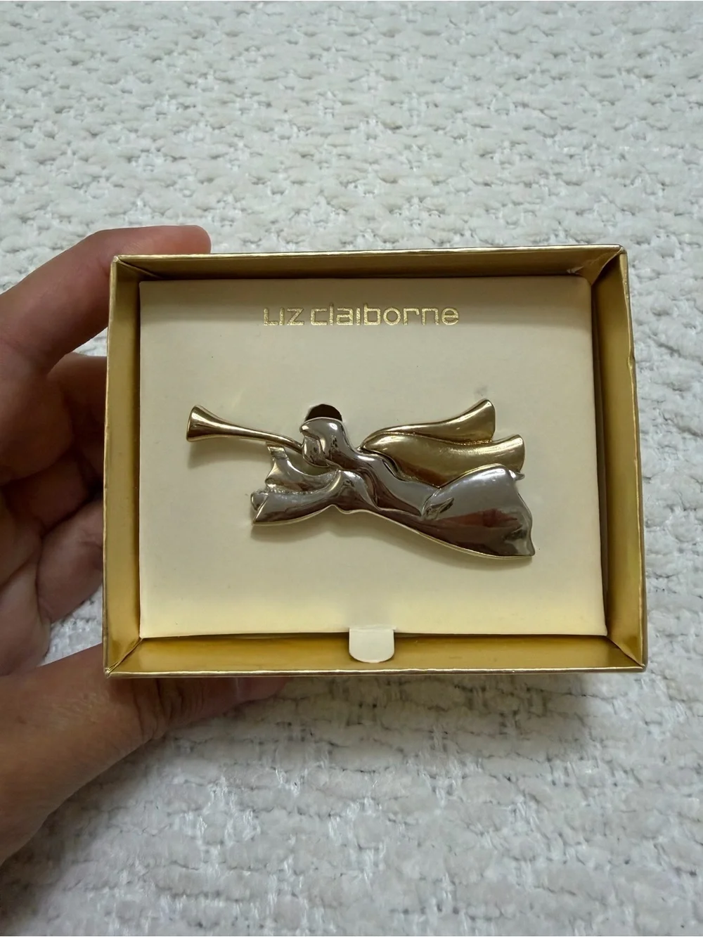 Liz Claiborne Christmas Winged Angel Horn Music Brooch Pin Silver Gold Tone